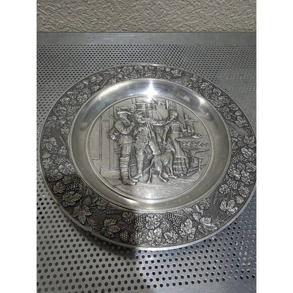 Zinn Becker Vintage Silver Tone Metal Plate w Germany Tavern Scene - Picture 1 of 5